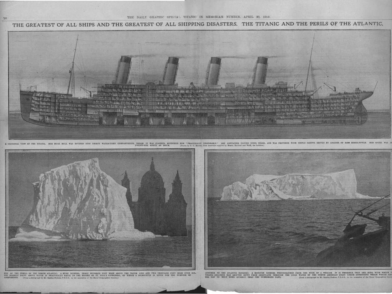 Diagrama seccional del Titanic y icebergs, 20 de abril de 1912 de Unbekannt