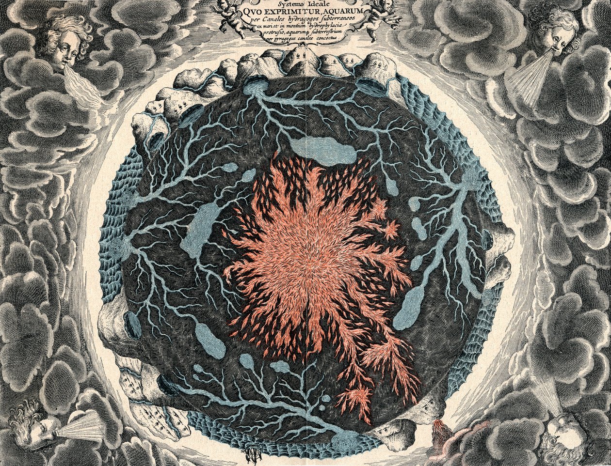 Vista seccional de la Tierra, mostrando fuego central y canales subterráneos conectados a los océanos, 1665 de Unbekannt