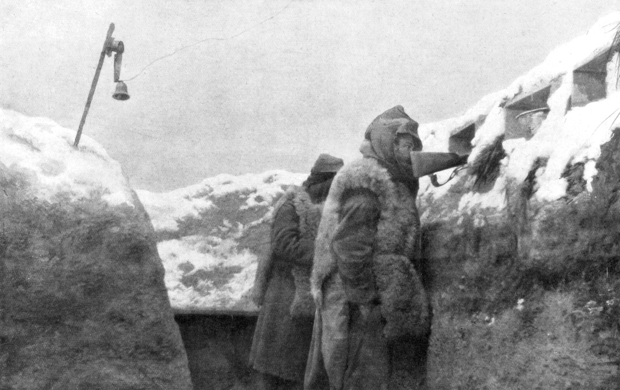 Centinelas en una trinchera mirando hacia tierra de nadie, Pas-de-Calais, Francia, invierno de Unbekannt