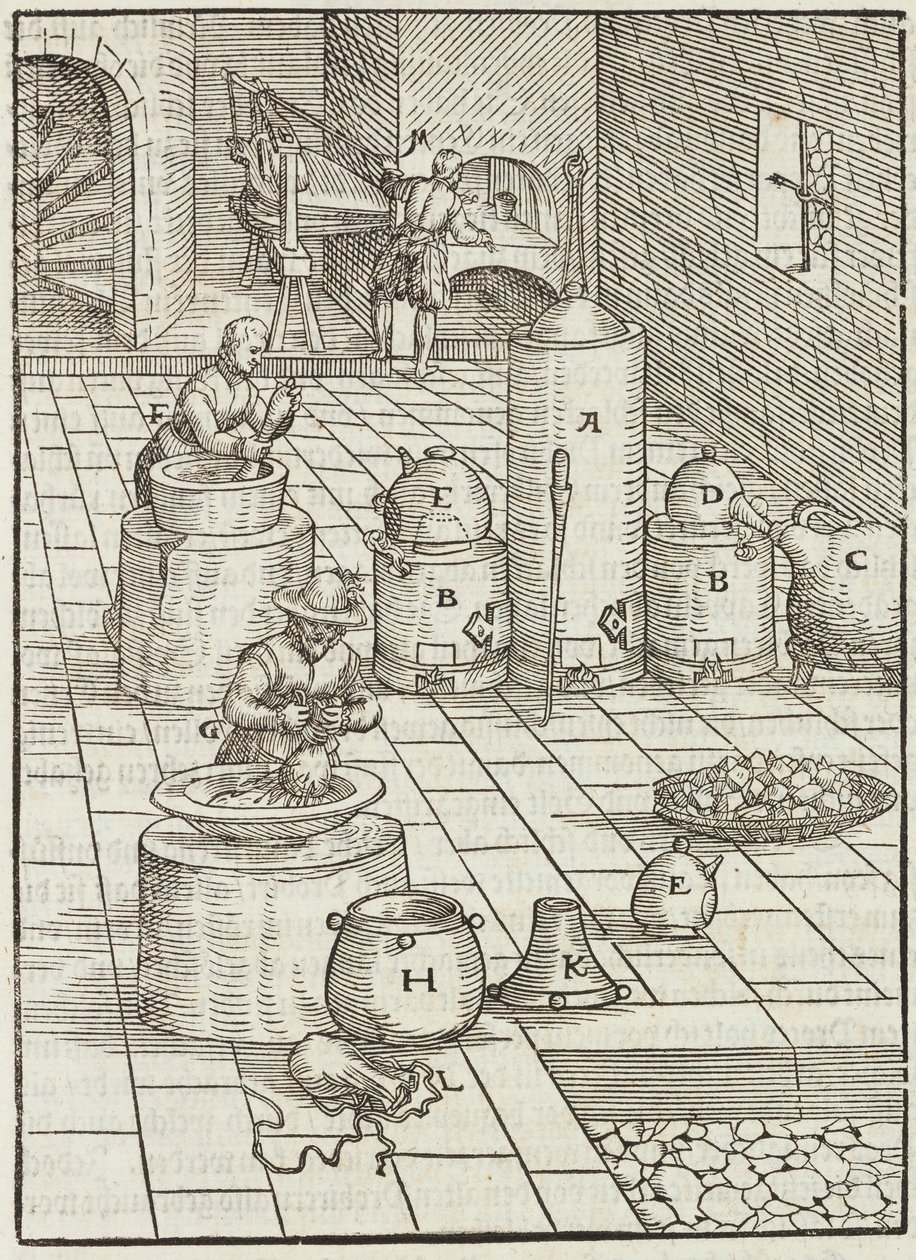 Separación de minerales de oro y mercurio - Grabado extraído de Descripción de los minerales y los principales métodos de explotación minera, de Lazarus Ecker de Unbekannt