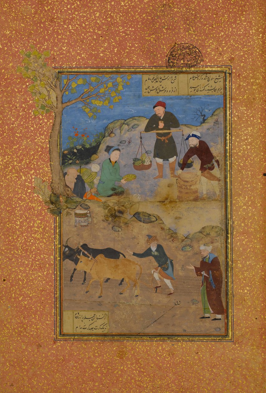 Shaikh Mahneh y el aldeano, Folio 49r de Mantiq al-tair Lenguaje de los Pájaros, 1487 de Unbekannt