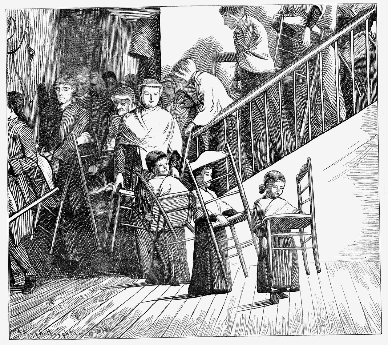 Comunidad Shaker yendo a cenar, cada uno llevando su propia silla Shaker, Estado de Nueva York, 1870 de Unbekannt