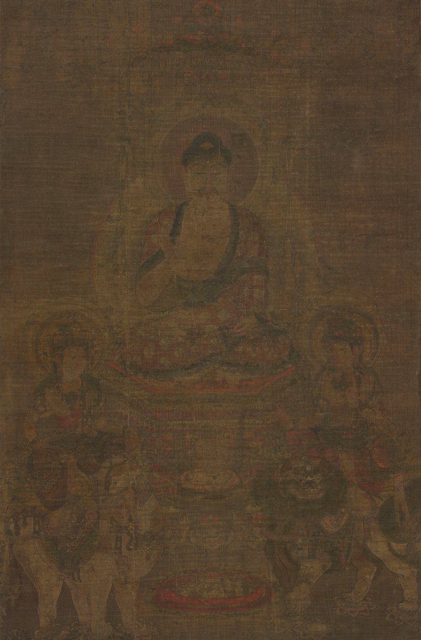 Tríada de Shakyamuni: Buda acompañado por Manjushri y Samantabhadra, c. 900 de Unbekannt