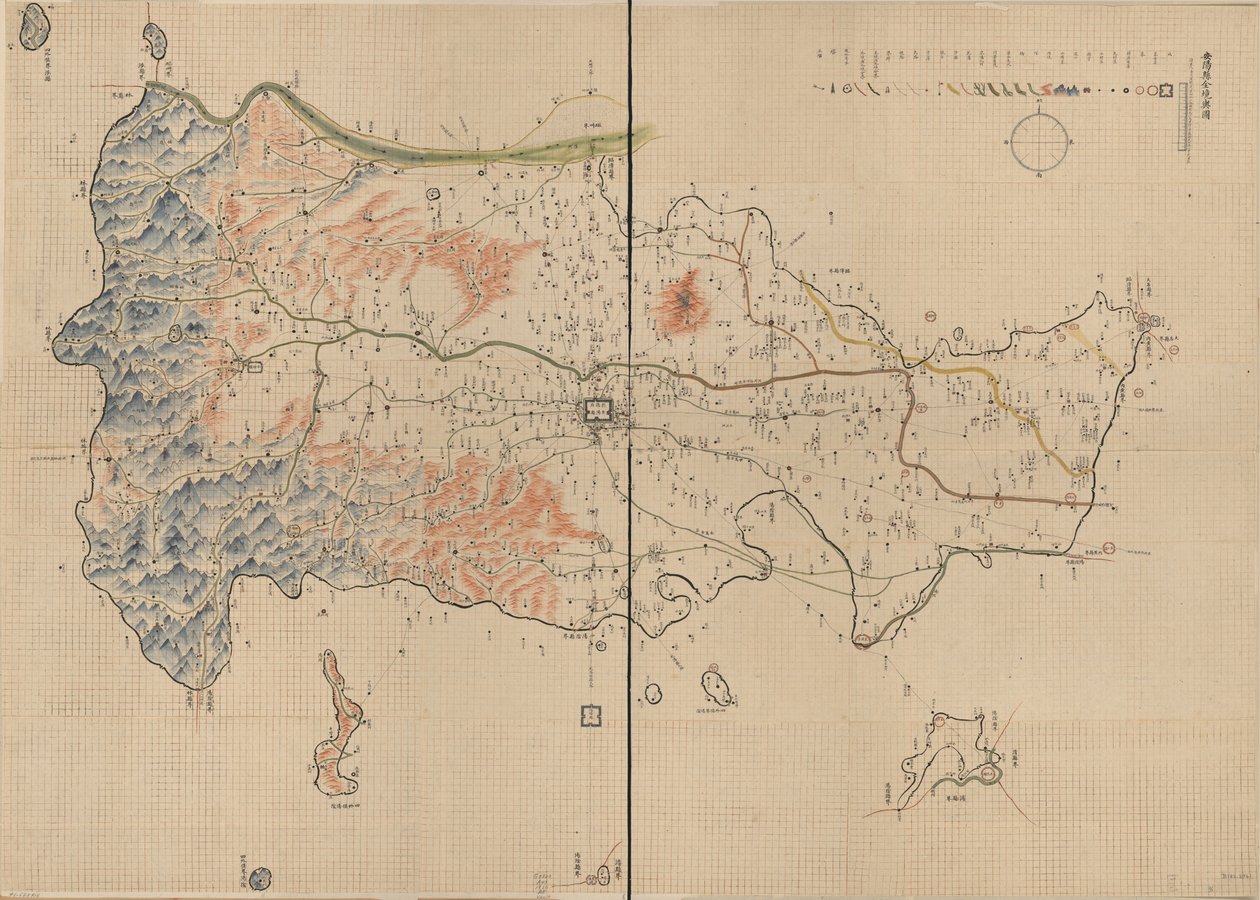 Muestra las montañas, los ríos, las ciudades, los pueblos, los mercados, los templos y las carreteras del condado de Anyang, provincia de Henan. El relieve se muestra de forma pictórica. Disponible también en el sitio web de la Biblioteca del Congreso como de Unbekannt