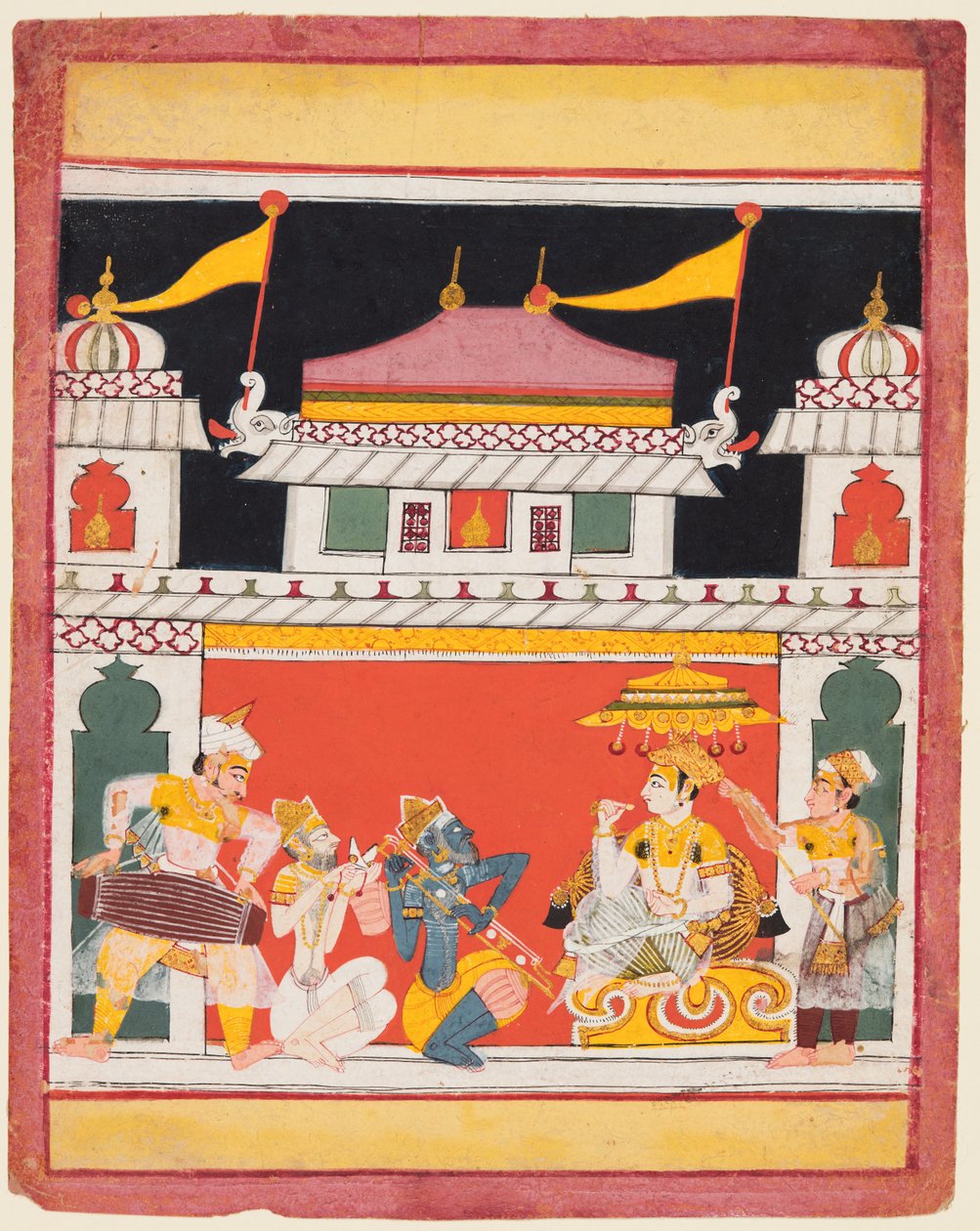 Shri Raga, de una serie de Ragamala, Tres músicos actúan ante un noble, c. 1650 de Unbekannt
