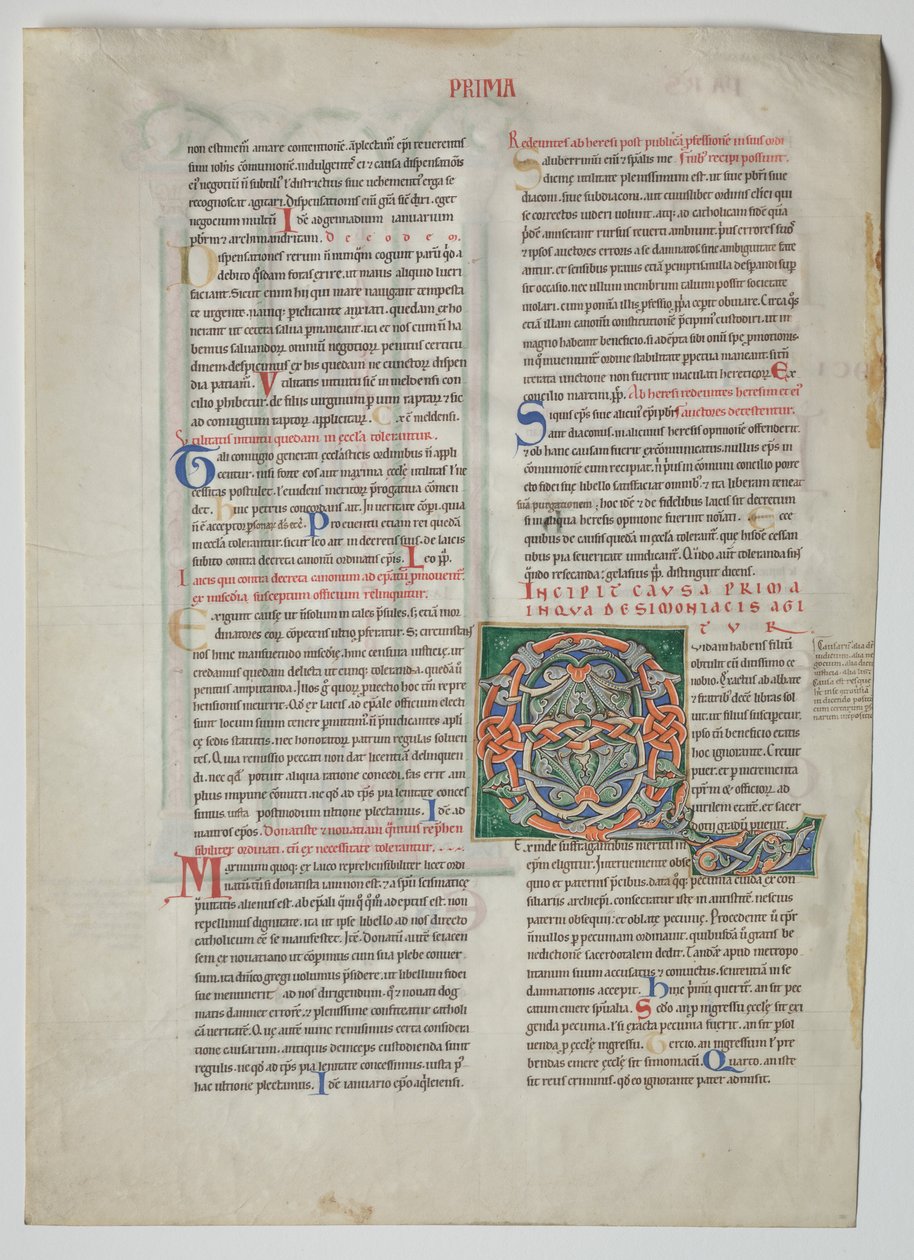 Hoja suelta de un Decretum de Graciano: Inicial decorada Q[uidam habens filium obtulit]..., c. 1160 de Unbekannt