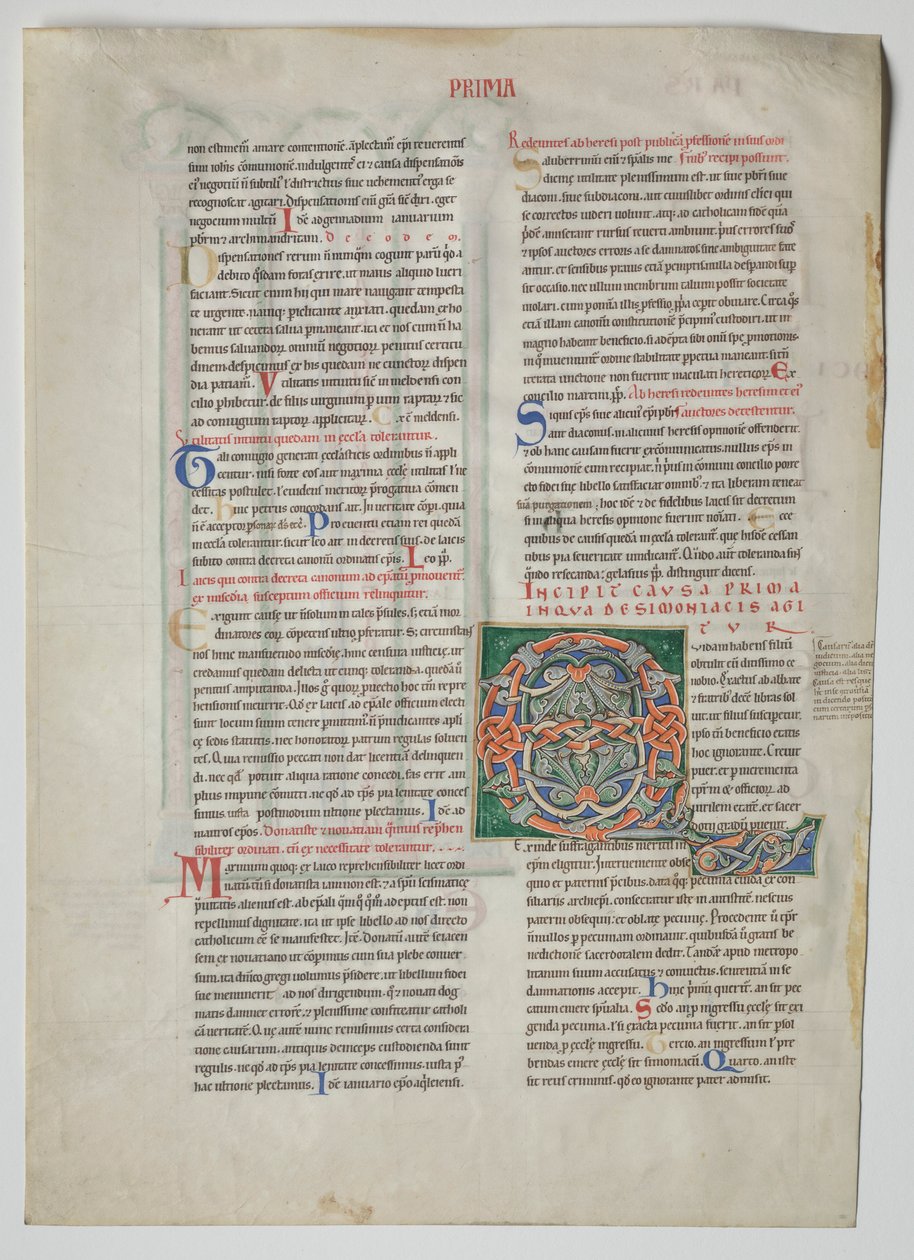 Hoja única de un Decretum de Graciano: Inicial decorada Q[uidam habens filium obtulit], c. 1160-1165 de Unbekannt