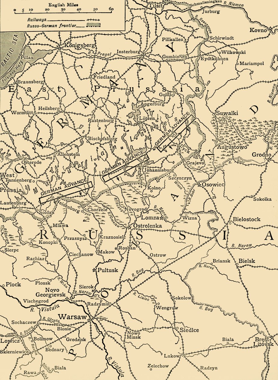 Mapa esquemático para ilustrar el ataque alemán al norte de Varsovia en febrero de Unbekannt