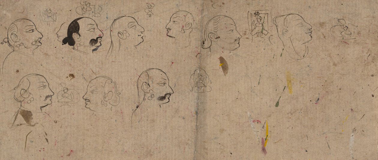 Página de bocetos de estudios faciales, probablemente Maharao Kishor Singh, ca. 1830 de Unbekannt