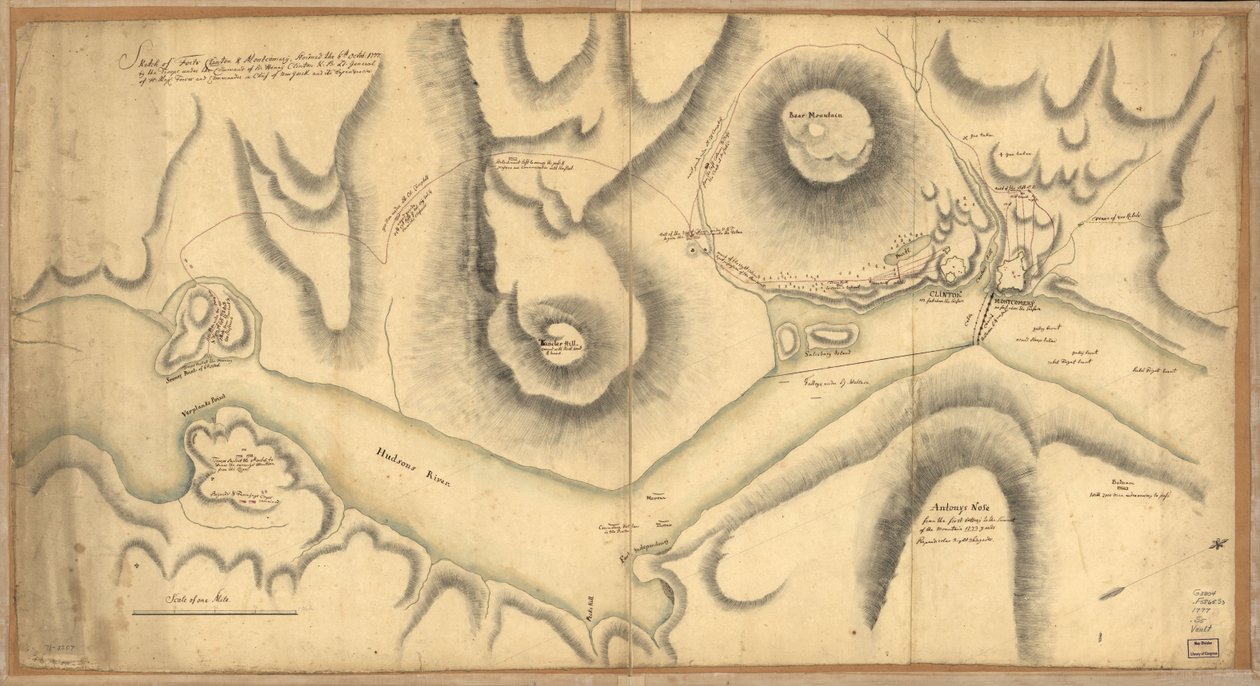 Bosquejo de los Fuertes Clinton y Montgomery, asaltados el 6 de octubre de 1777 por las tropas bajo el mando de Sir Henry Clinton, K.B., teniente general de las fuerzas de la División Mayor y comandante de Nueva York y sus dependencias. 1777 por las tropas de Unbekannt