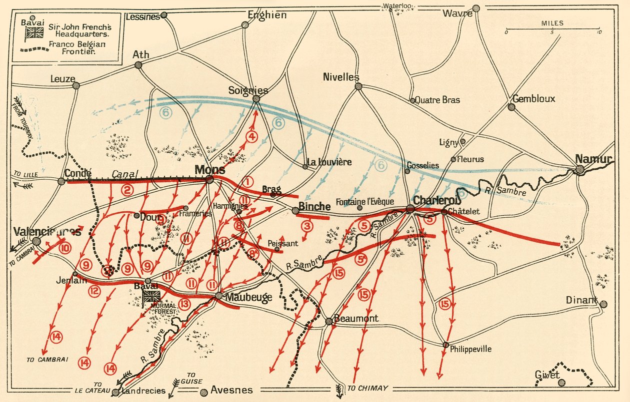 Esbozo de las principales operaciones cerca de Mons y Charleroi, c. 1914, c. 1920 de Unbekannt