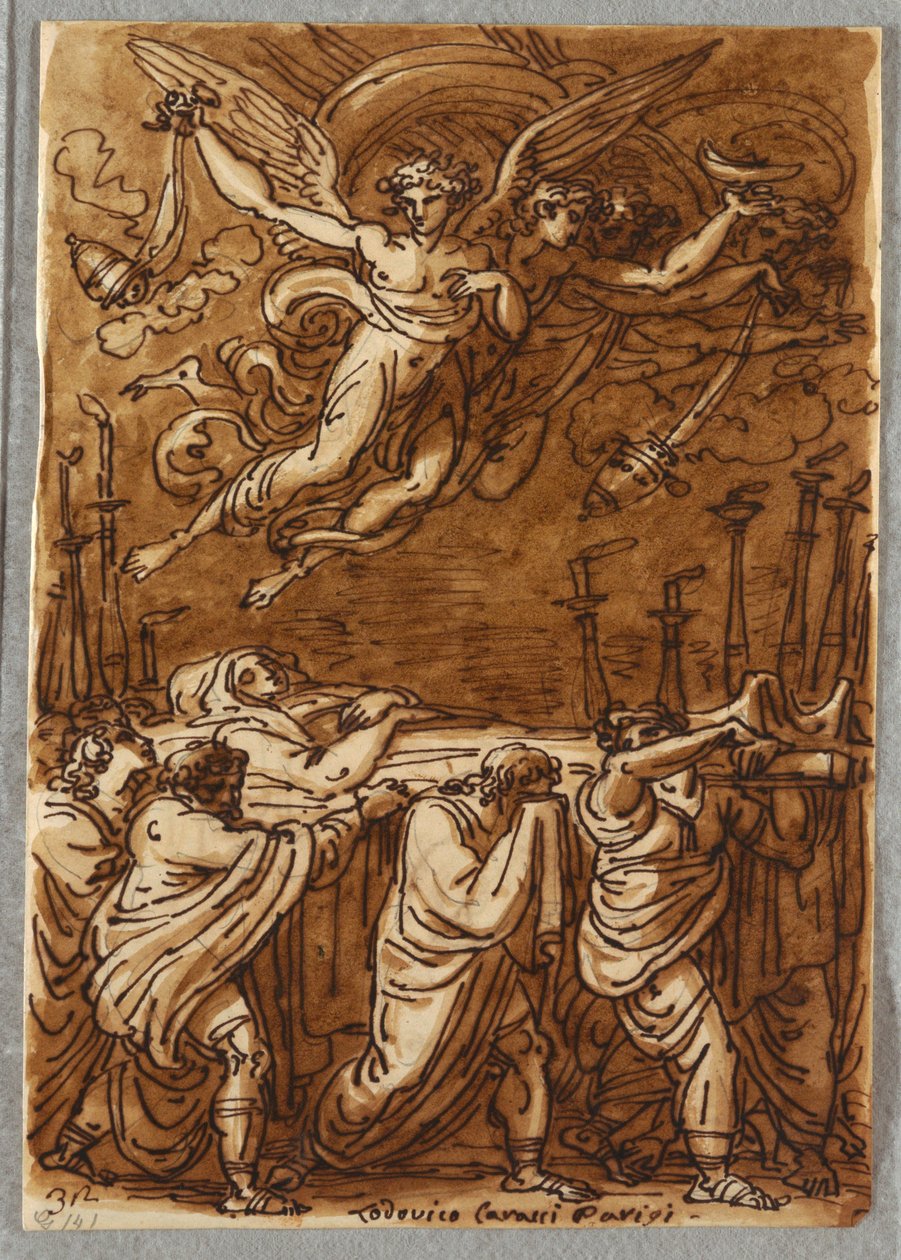 Folio de Cuaderno de Bocetos, Los Apóstoles Llevando el Cuerpo de la Virgen al Sepulcro, Estudio después de Lodovico Carracci de Unbekannt