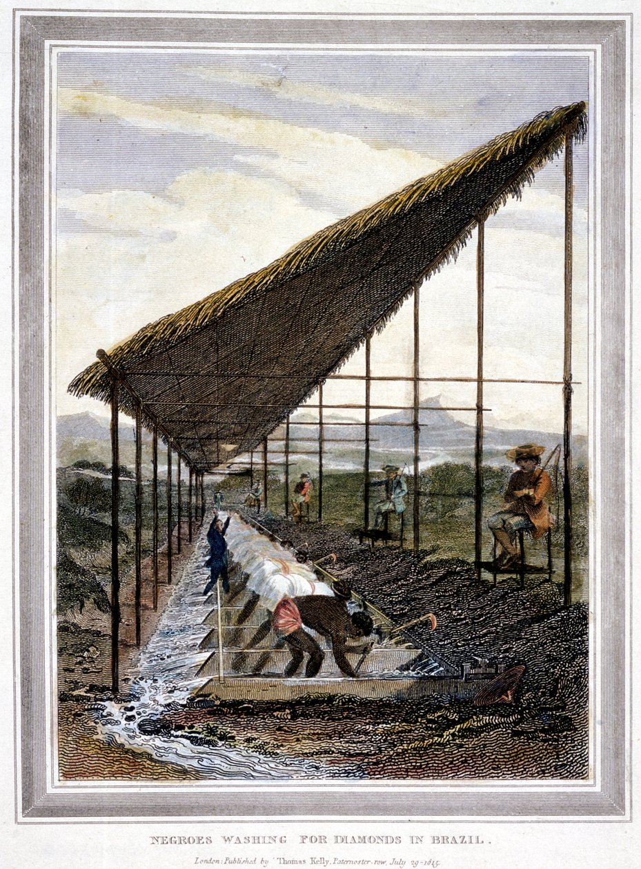 Esclavos lavando diamantes vigilados por supervisores con látigos, Brasil, 1815 de Unbekannt