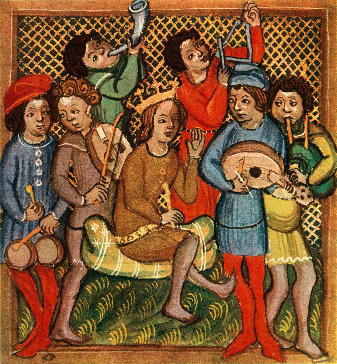 Pequeños tambores, violín, cuerno, triángulo, laúd y gaitas, Biblia de Olomouc, 1417, 1948 de Unbekannt