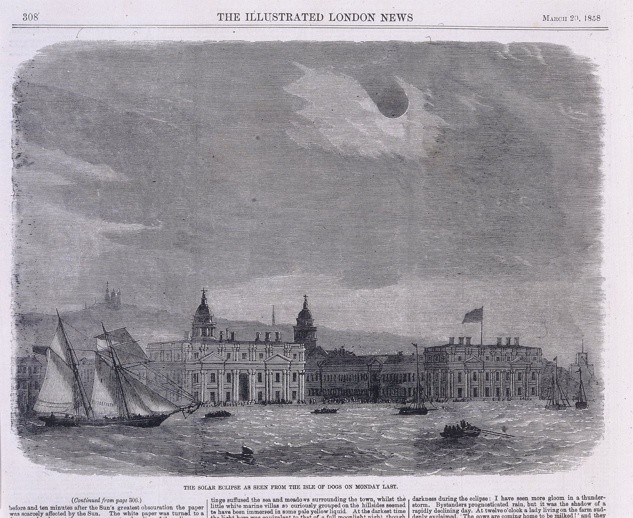 Eclipse solar visto sobre el Real Observatorio, Greenwich, 1858 de Unbekannt