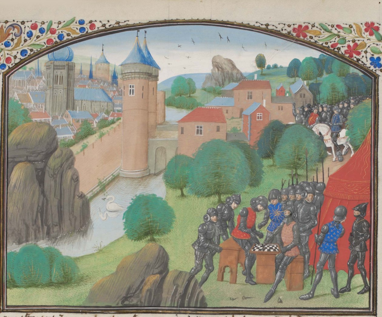 Soldados jugando a los dados ante la ciudad de Cesarea. Miniatura de la Historia de Guillermo de Tiro de Unbekannt