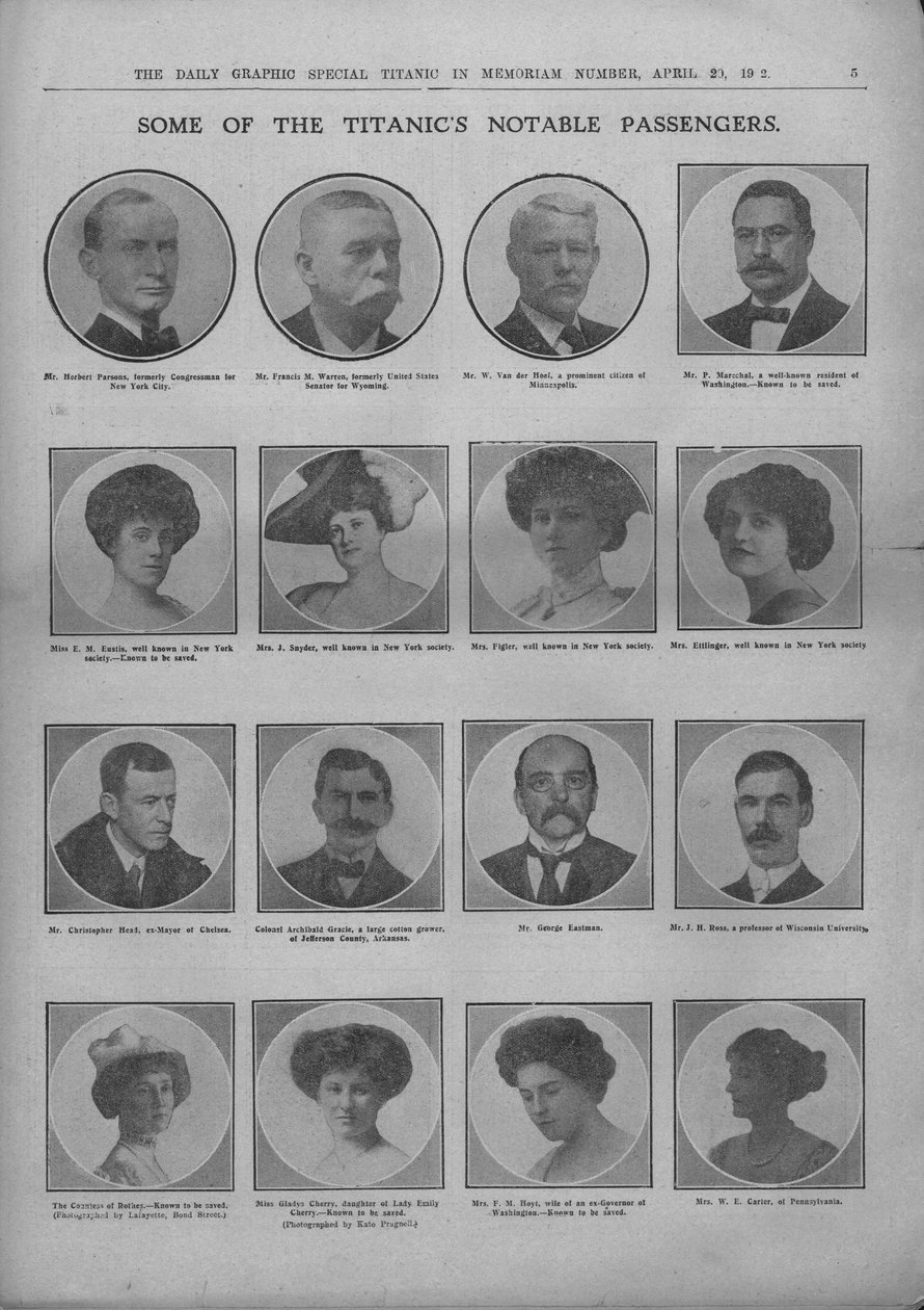 Algunos de los pasajeros notables del Titanic, 20 de abril de 1912 de Unbekannt