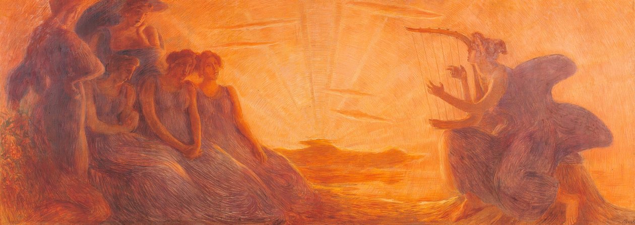 Algunas mujeres escuchan la música que proviene de las cuerdas de un arpa de Unbekannt