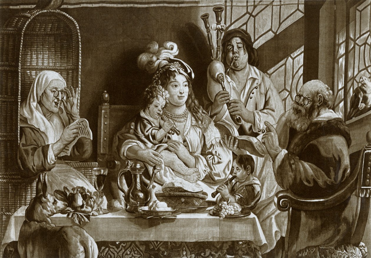 Flautas soprano y gaitas, gobelino de Bruselas diseñado por Jacobus Jordaens, 1948 de Unbekannt