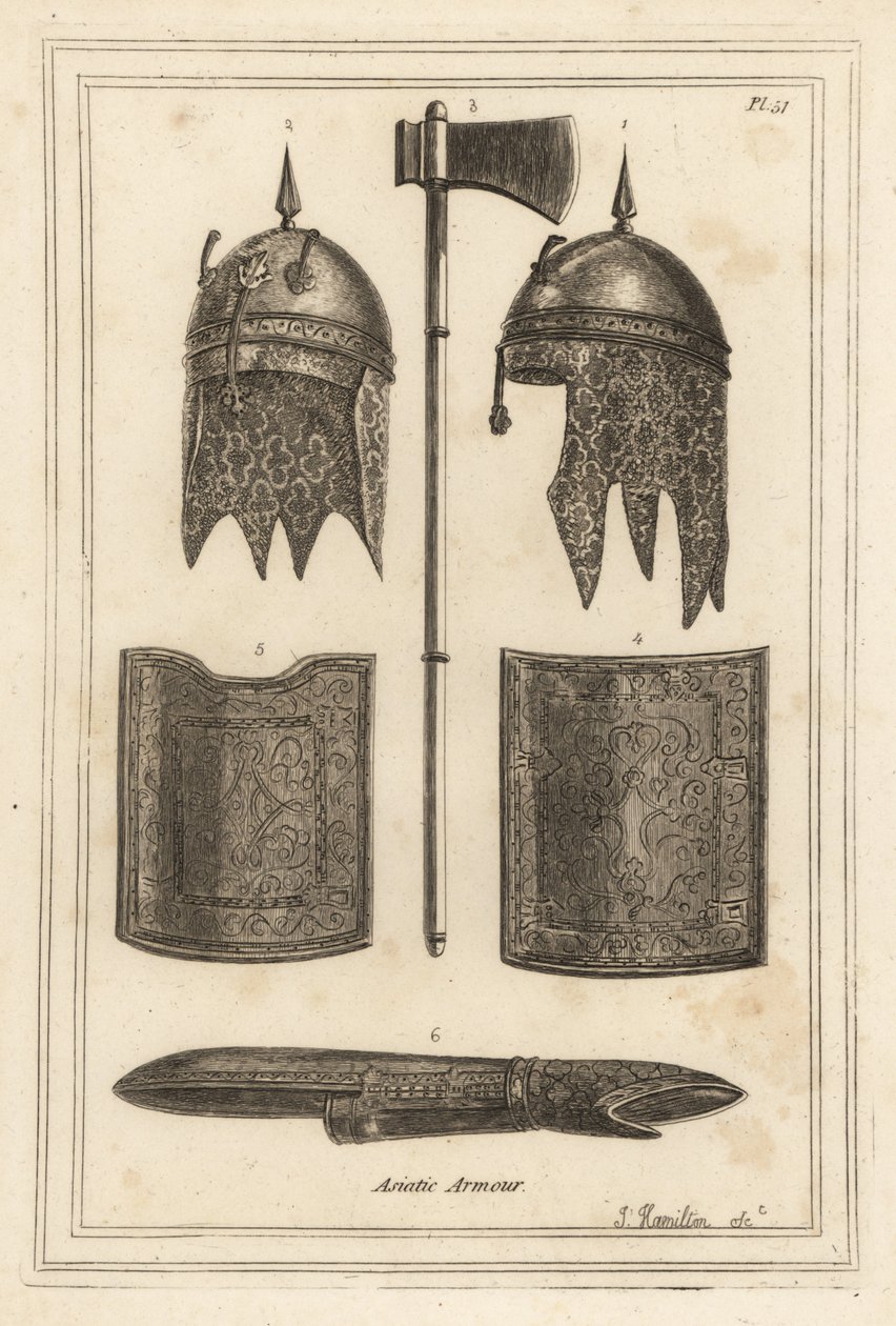 Casco con capucha de cota de malla de Souja Dowla, hacha de batalla, peto y espaldar, y armadura de brazo de Unbekannt