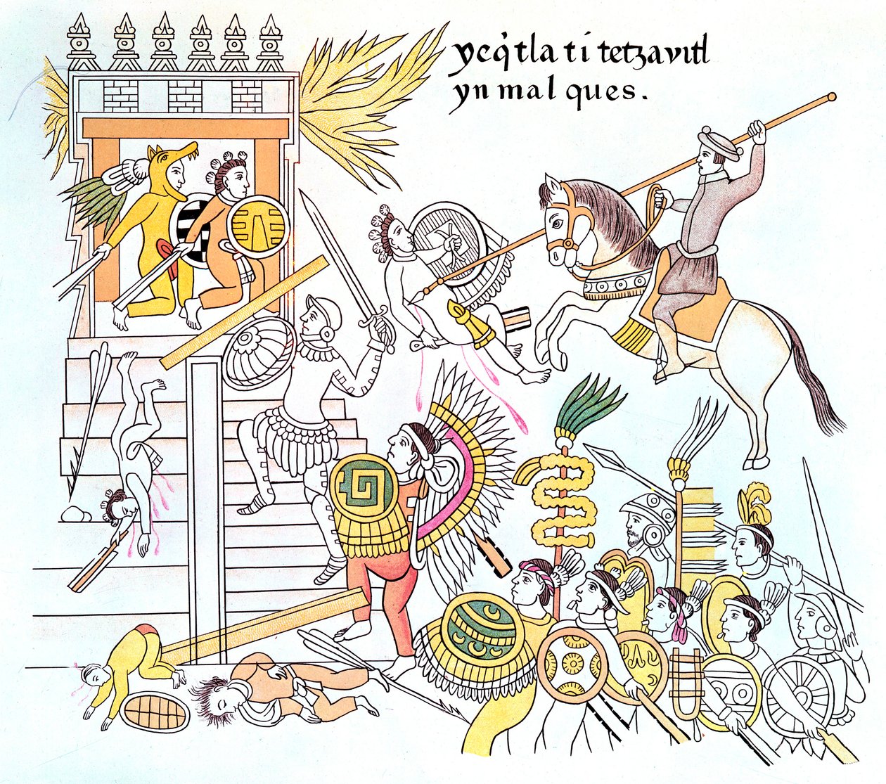 Conquistadores españoles con sus aliados nativos tlaxcaltecas atacando un templo azteca, siglo XVI de Unbekannt