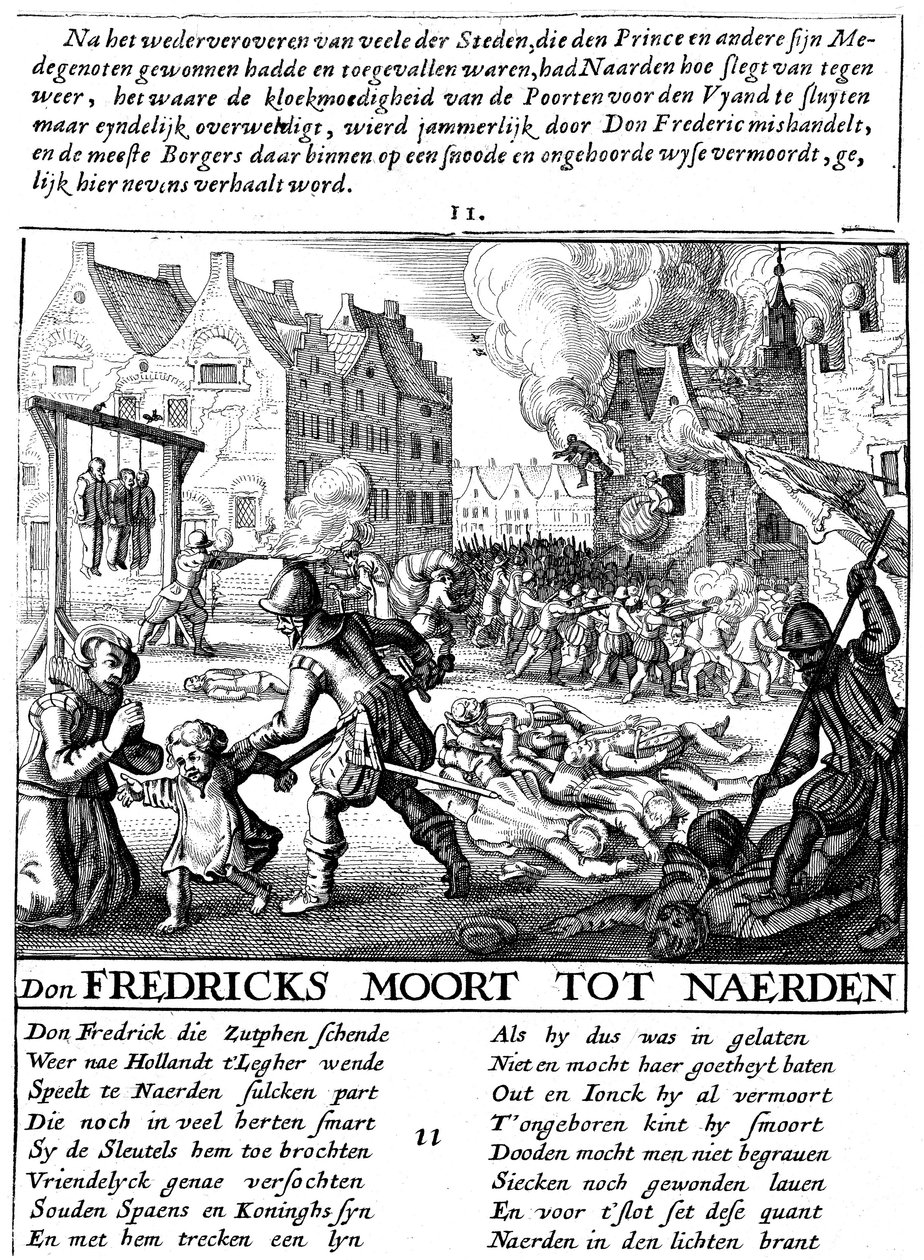 Tropas españolas incendiando edificios y masacrando durante el dominio español en los Países Bajos, 1567-73 de Unbekannt