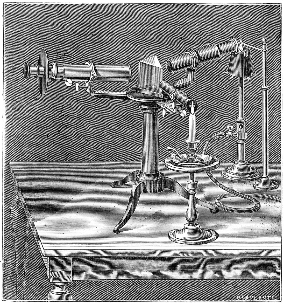 Aparato espectroscópico utilizado por Robert Wilhelm Bunsen y Gustav Robert Kirchhoff, c. 1895 de Unbekannt