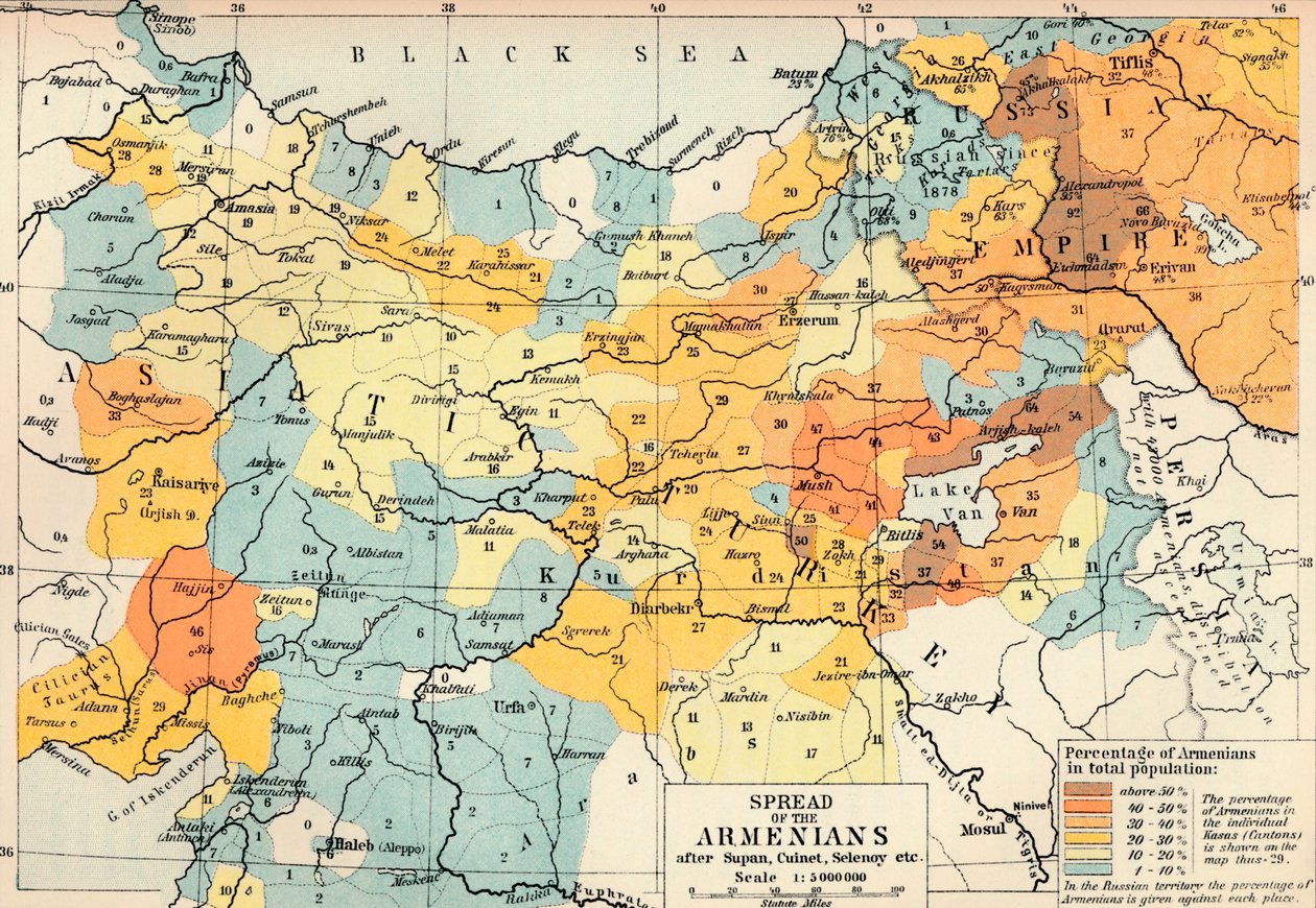 Difusión de los armenios según Supan, Cuinet, Selenoy, etc., c1560, 1907 de Unbekannt