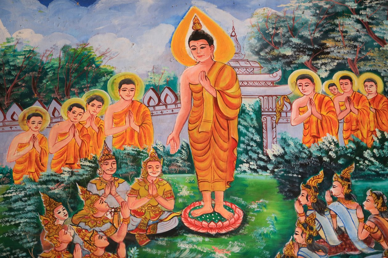 Difundiendo el Dharma. Vida de Buda. Obra de arte en el techo que representa la vida de Buda. Wat Inpeng. Vientián. Laos de Unbekannt