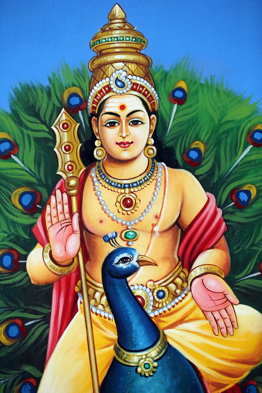Templo hindú Sri Mariamman. Karthikeya, también conocido como Murugan, Skanda y Subramanya, es el dios hindú de la guerra, 20160817, Singapur, Singapur de Unbekannt