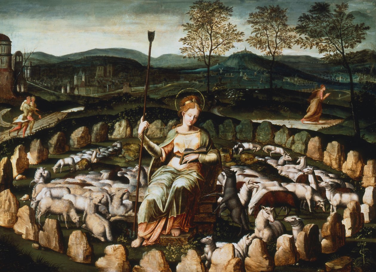 Santa Genoveva cuidando sus ovejas, siglo XVI de Unbekannt