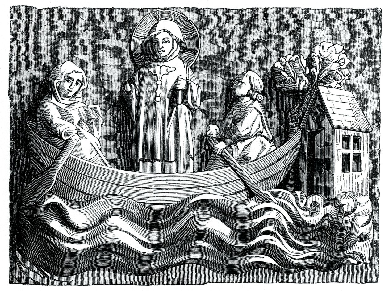 San Julián y Santa Basilisa, su esposa, transportando a Cristo en su bote, siglo XIII de Unbekannt