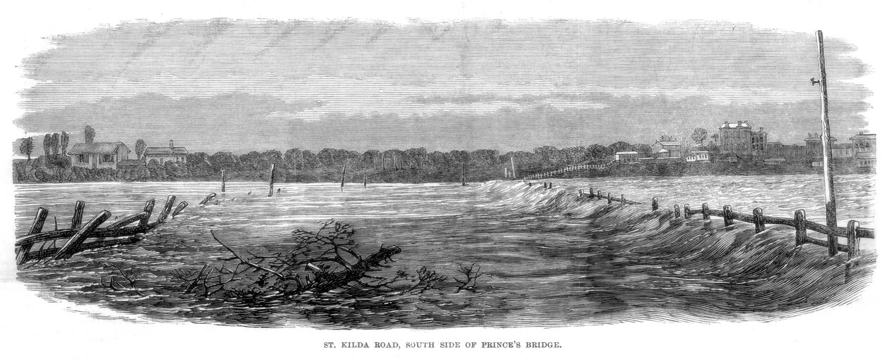 St Kilda Road, lado sur del Puente de los Príncipes - Inundaciones en Melbourne, Australia, 1864 de Unbekannt