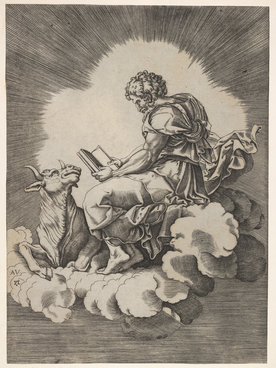 San Lucas, sentado en una nube con un libro abierto en ambas manos, un toro acostado a sus pies, después de 1518 de Unbekannt