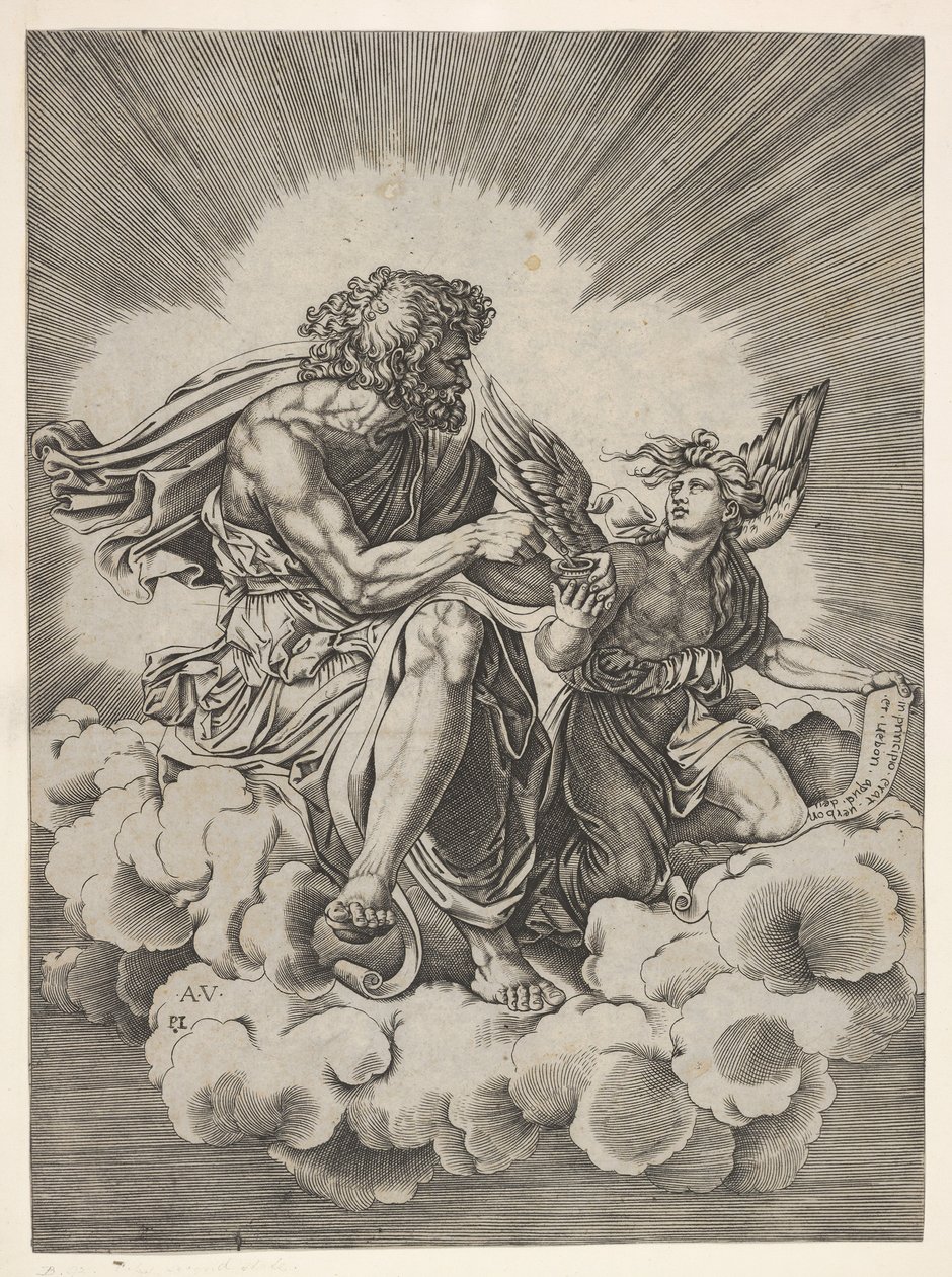 San Mateo, sentado en una nube con las piernas cruzadas y mojando una pluma en un tintero..., después de 1518 de Unbekannt