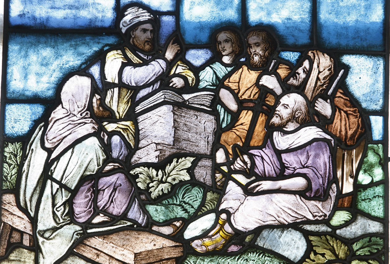 Vidriera: Abraham estudiando la Torá con el pueblo de Israel, Budapest, Hungría de Unbekannt