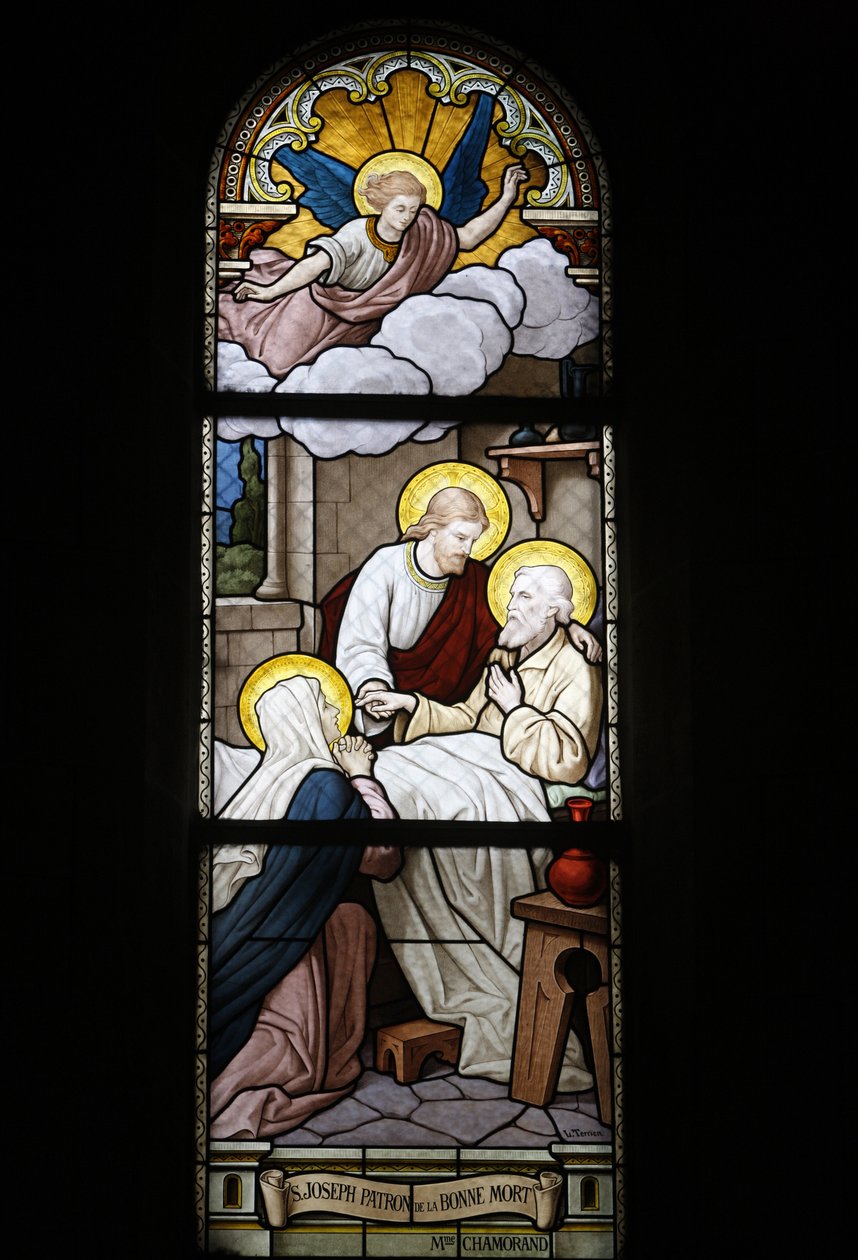 Vidriera en la iglesia católica de Notre Dame du Rosaire: San José, patrón de la muerte, Saint-Ouen, Francia de Unbekannt