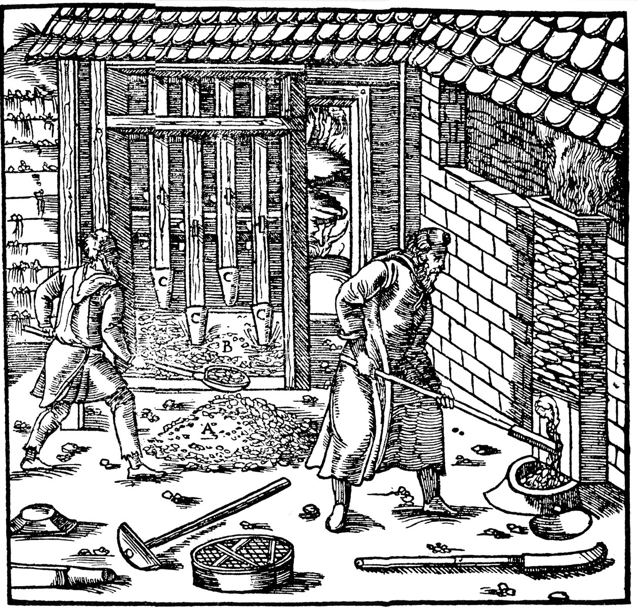 Trituración y tostado de mineral para extraer metal, 1556 de Unbekannt