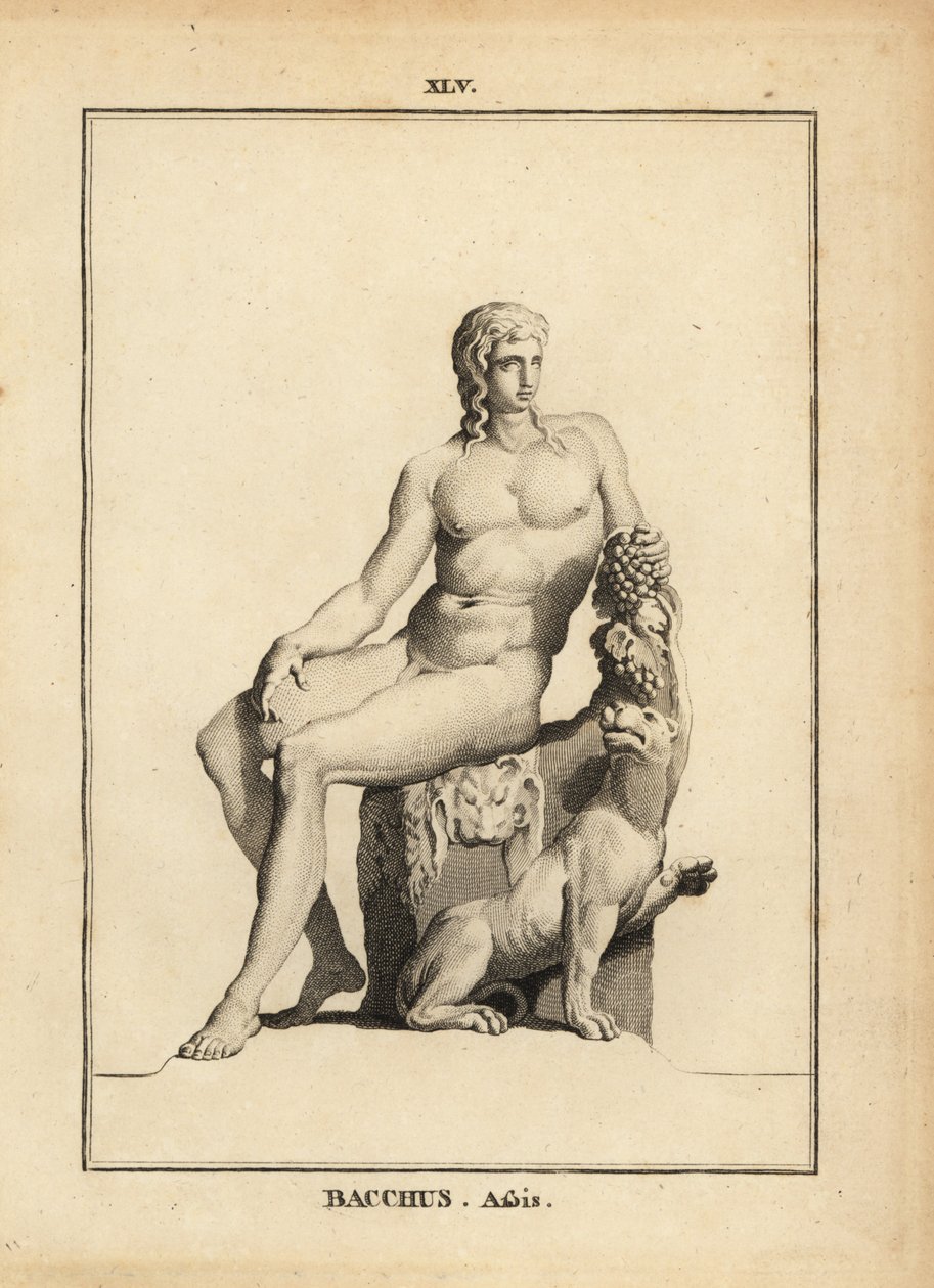 Estatua de Baco, el dios romano del vino, sentado desnudo con un racimo de uvas y un perro de Unbekannt