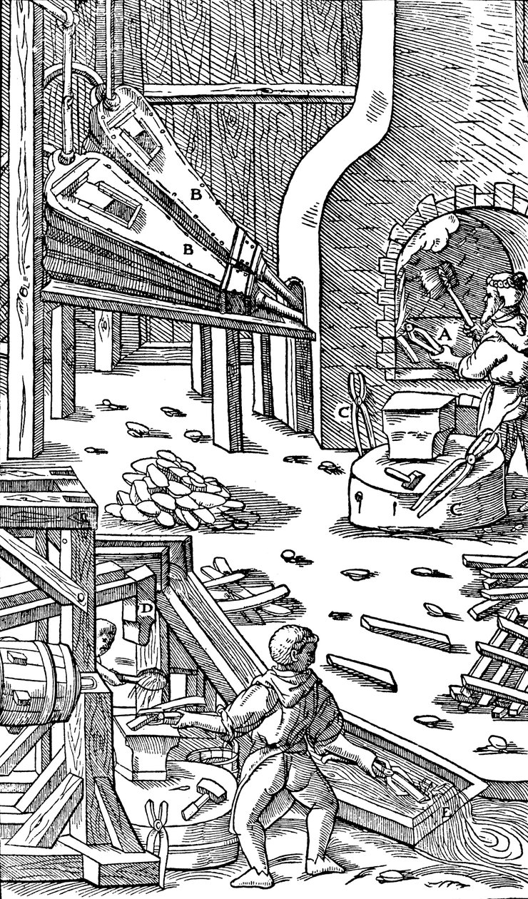 Producción de acero: una forja con fuelles para producir corriente, 1556 de Unbekannt