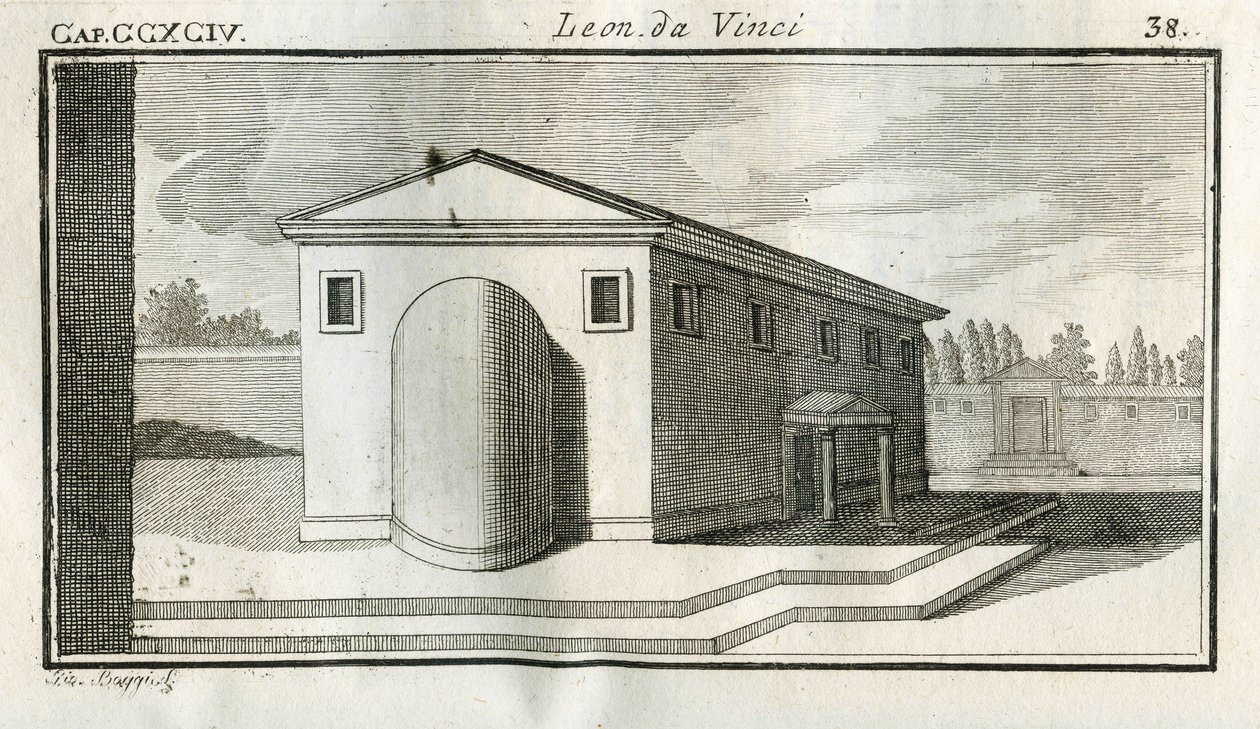 Estudios sobre la superposición de edificios. “Cuando los cuerpos de superficie convexa terminan sobre otros cuerpos de igual color, el término del convexo aparecerá más oscuro.” Grabado de “Tratado de la pintura” de Leonardo da Vinci (1452-1519) de Unbekannt