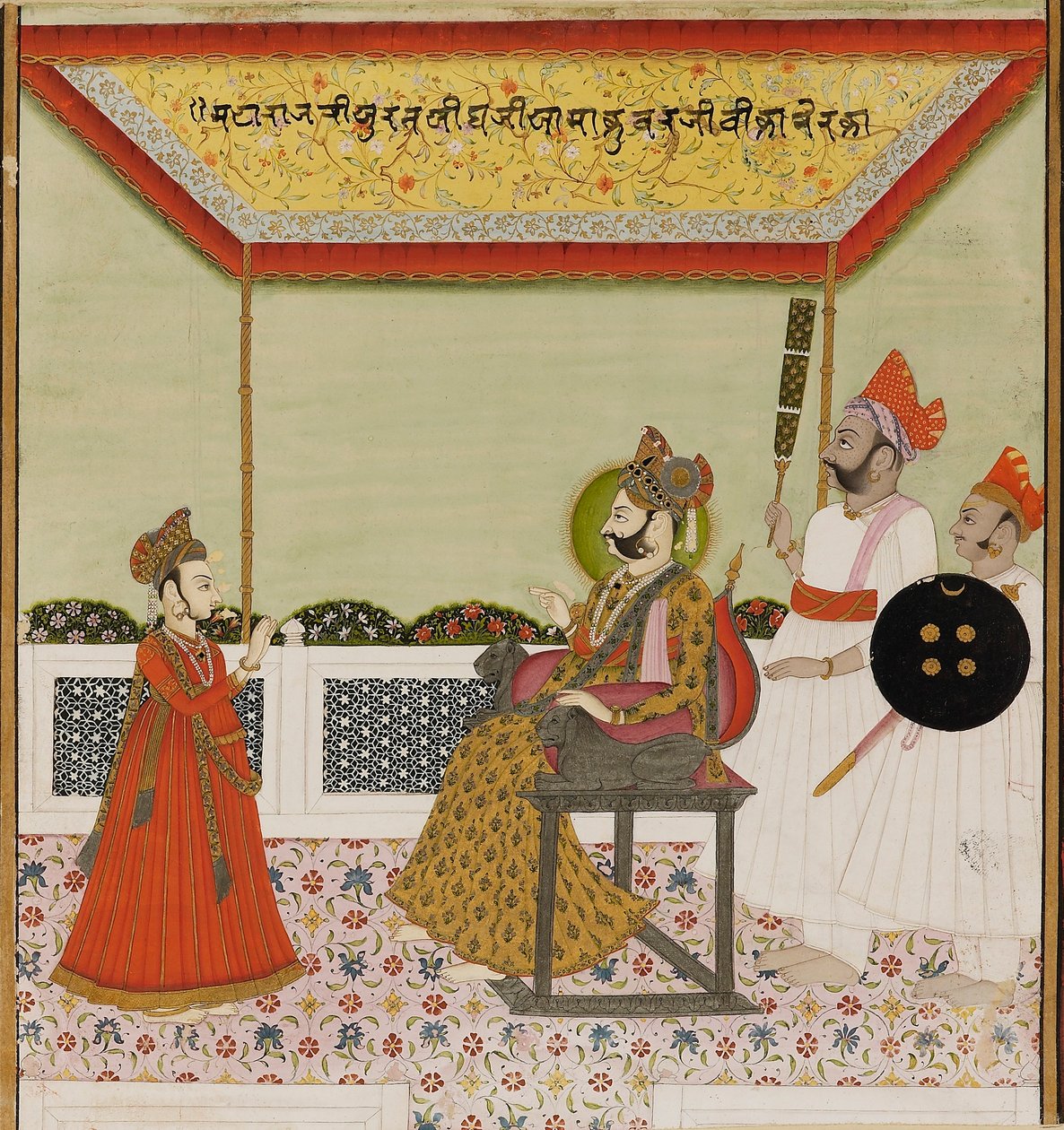 Surat Singh se sienta en un trono con brazos de león y recibe a su hijo joven, c1800 de Unbekannt
