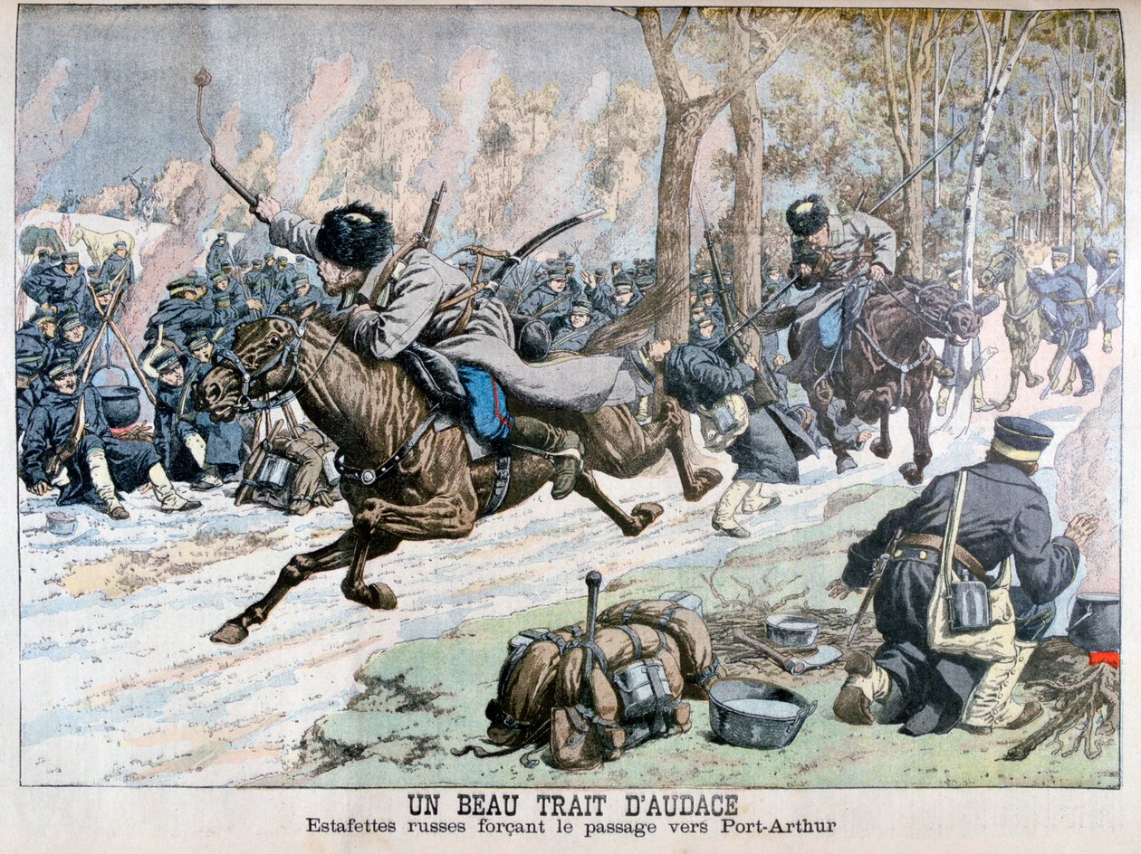 Ataque sorpresa de la caballería rusa en el camino a Port Arthur, Guerra Ruso-Japonesa, 1904 de Unbekannt