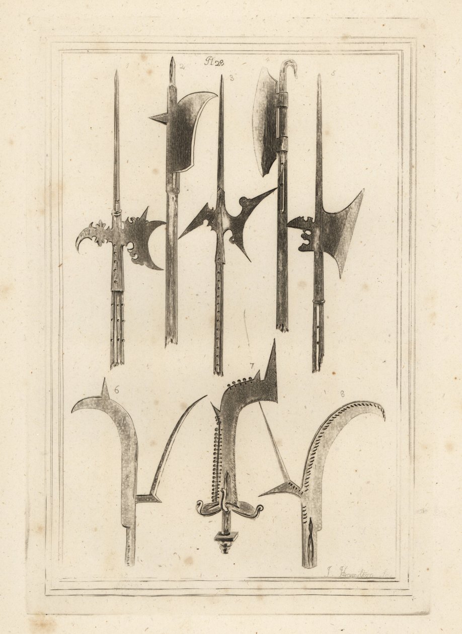 Hoja de espada alabarda 1,3,5, alabarda marrón 2, hacha de Lochaber 4, alabarda antigua 6, alabarda de mano con pequeñas campanas 7, y alabarda encontrada en Battefield, Shrewsbury 8 de Unbekannt