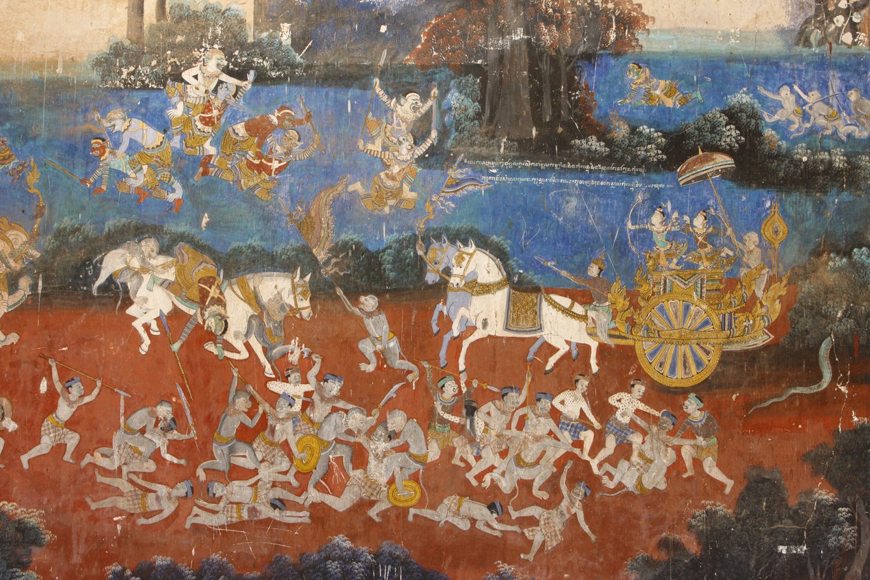 Pagoda de Plata: Este mural representa escenas del Reamker, que es la versión camboyana o jemer del poema clásico hindú Ramayana de Unbekannt
