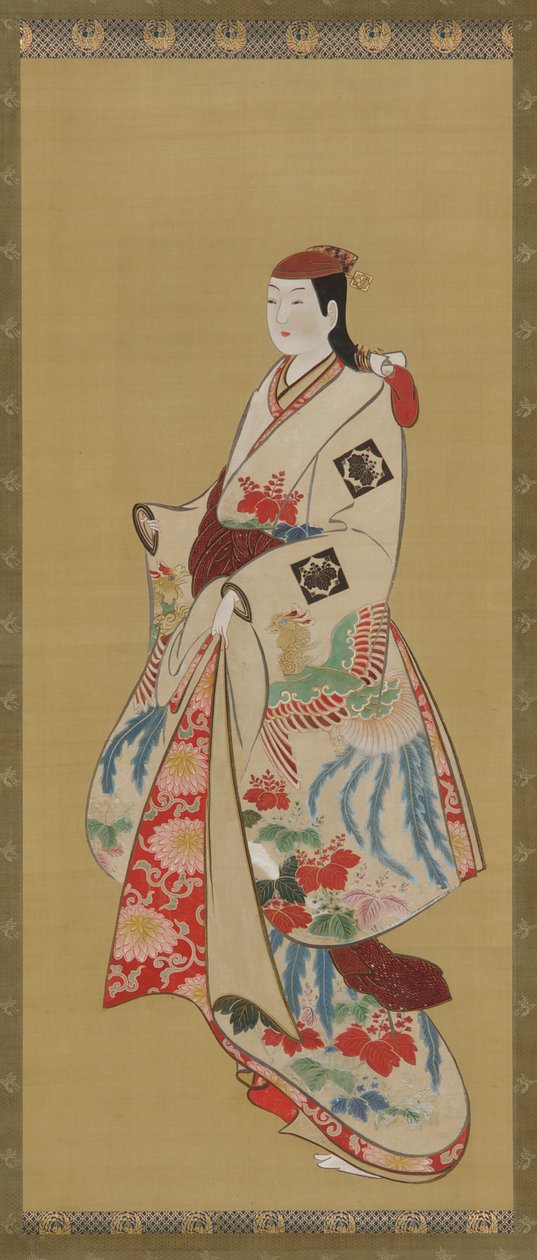Chica alta, vestido con patrón de pájaro ho-o y flores kiri, período Edo, 1615-1868 de Unbekannt