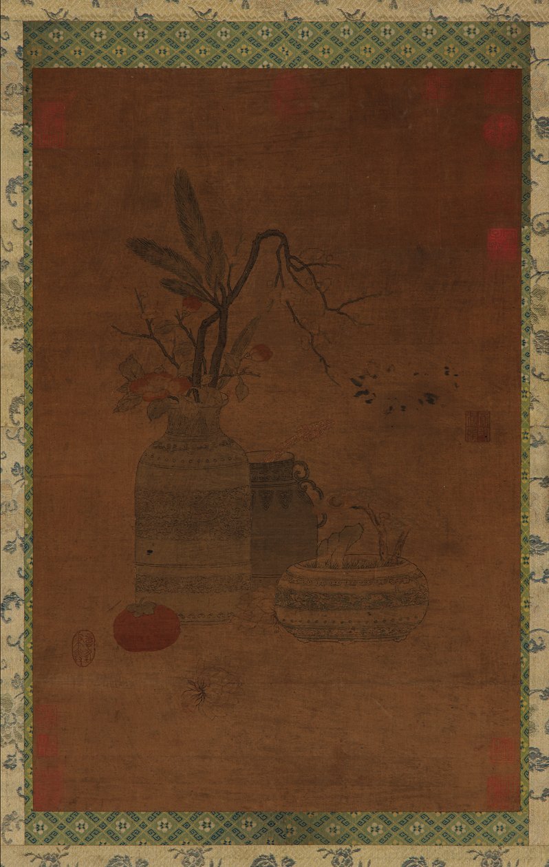 Tapiz: un cuenco, dos jarras, flores y frutas, posiblemente dinastía Ming, 1368-1644 de Unbekannt