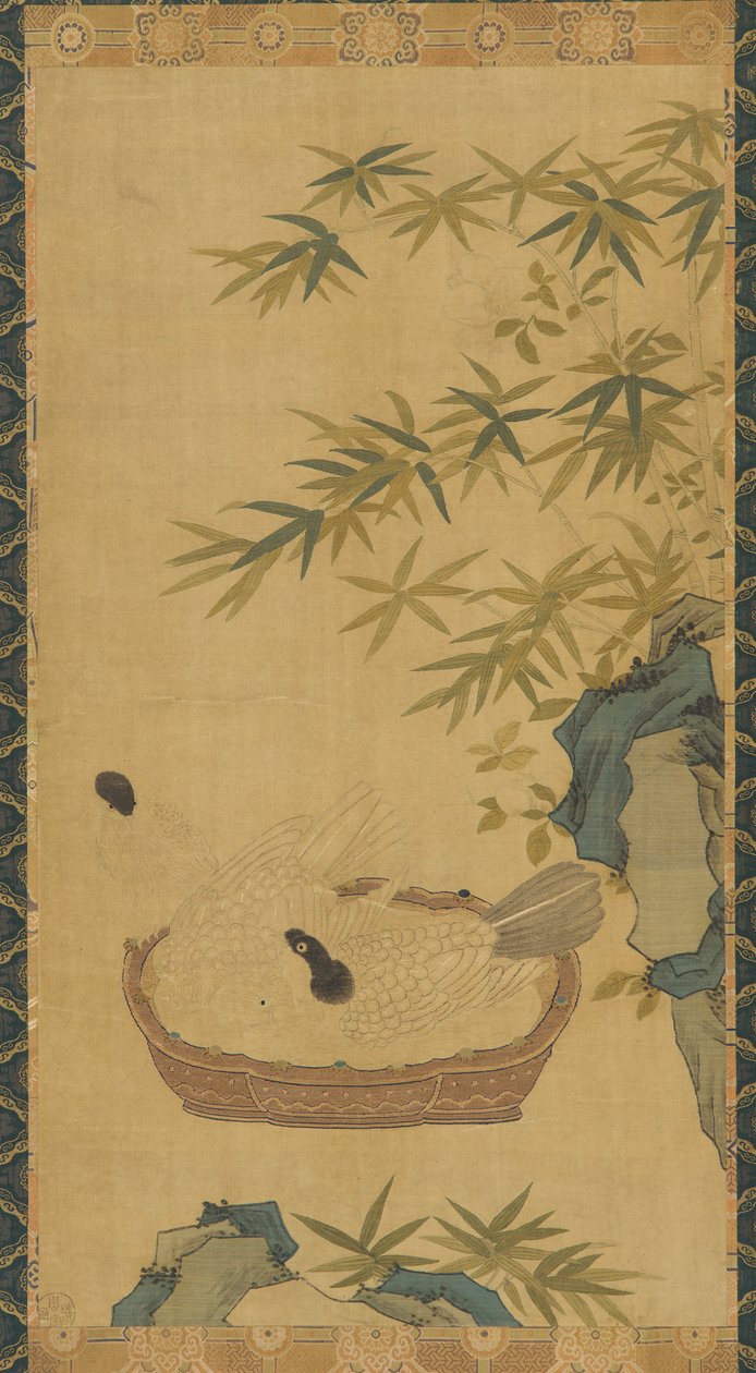 Tapiz: palomas bañándose en un cuenco, rocas y bambúes, posiblemente dinastía Ming, 1368-1644 de Unbekannt