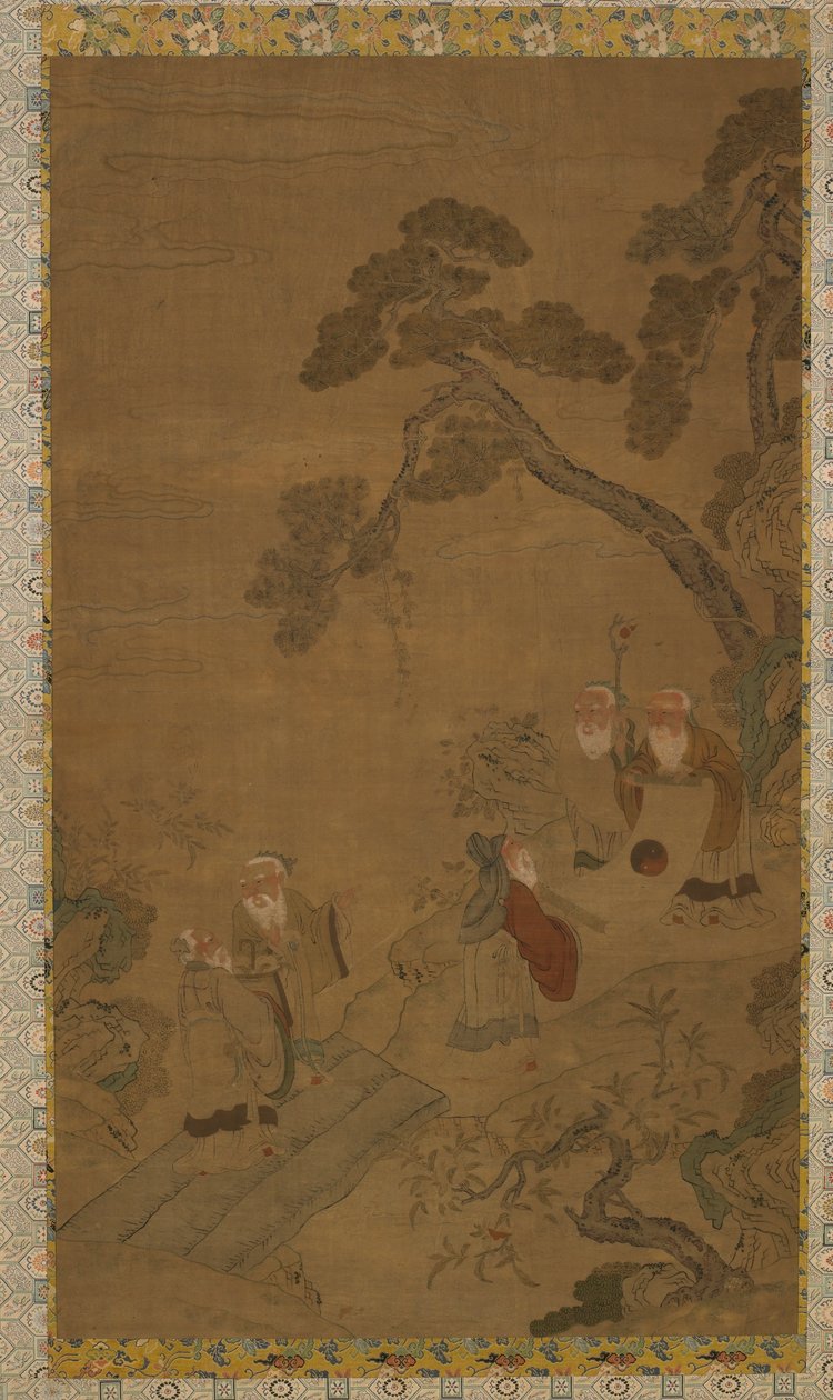 Tapiz: cinco sabios en un jardín bajo pinos, dinastía Ming a Qing, 1368-1911 de Unbekannt