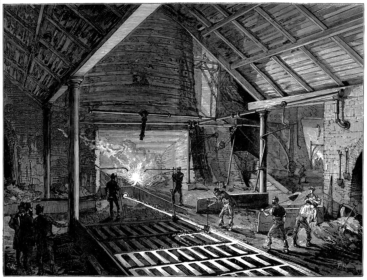 Tocando un alto horno y vertiendo hierro fundido en los moldes, c. 1885 de Unbekannt